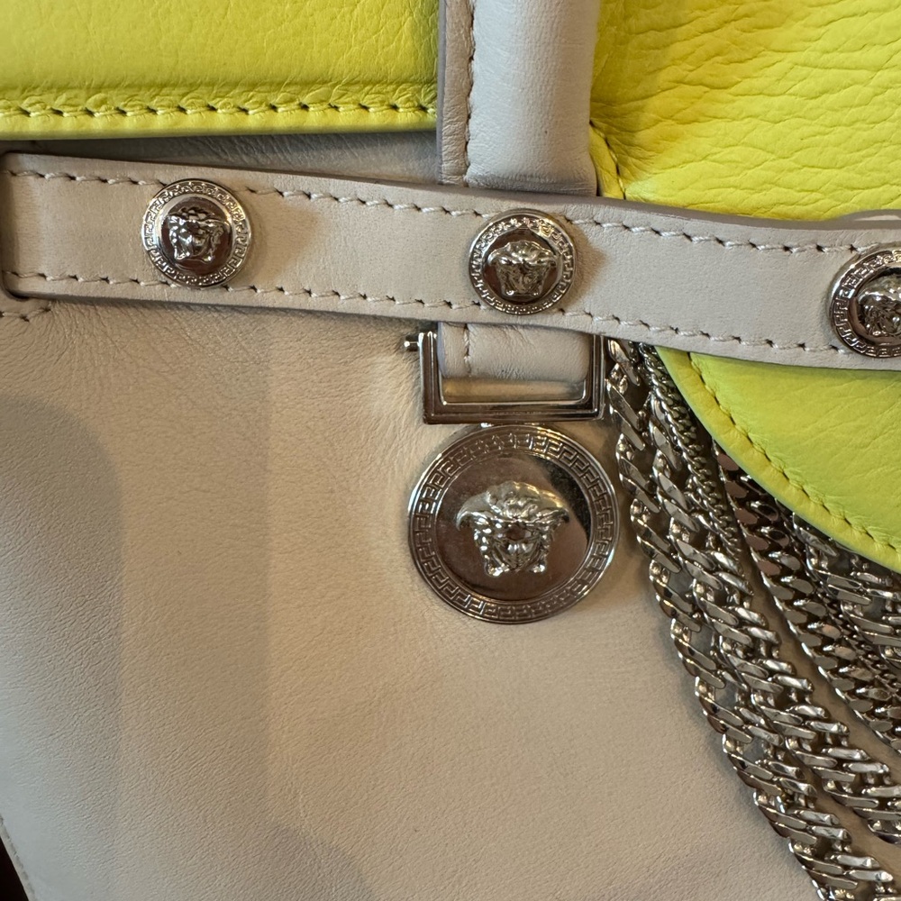 Versace Medusa Signature Satchel DBFD705 Cream Yellow Leather Chain Tote Purse - Picture 3 of 16